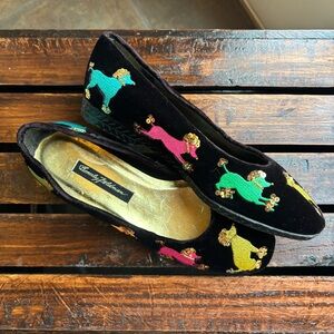 Vintage Beverly Feldman Velvet Beaded Embroidered Poodle Slip On Women’s Flats